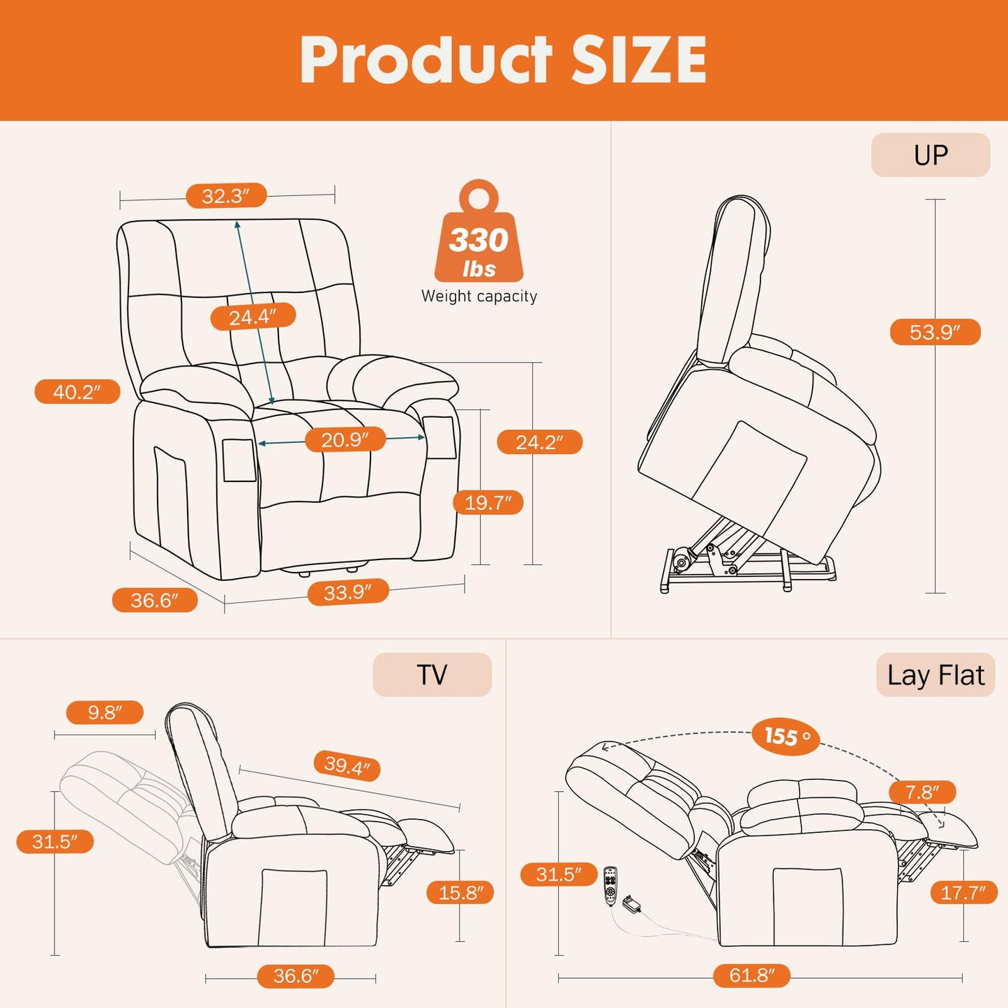 Sweetcrispy Power Lift Recliner Chair with Massage, Heating & Vibration - 8 Motors, TUV Certified, Brown