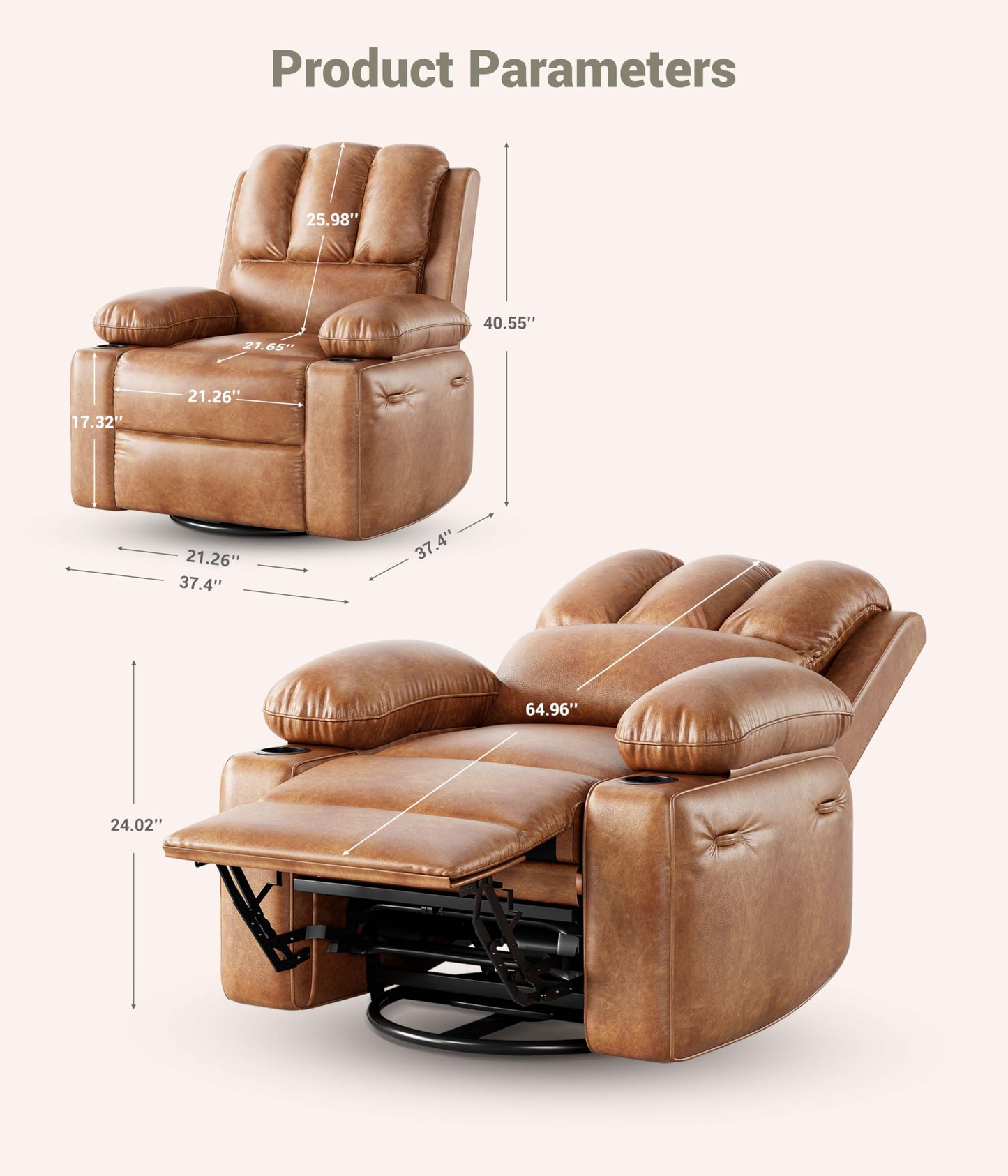Patikuin 360° Swivel Rocking Recliner with Massage, Heat, USB Ports & Cup Holders – Vintage PU Leather