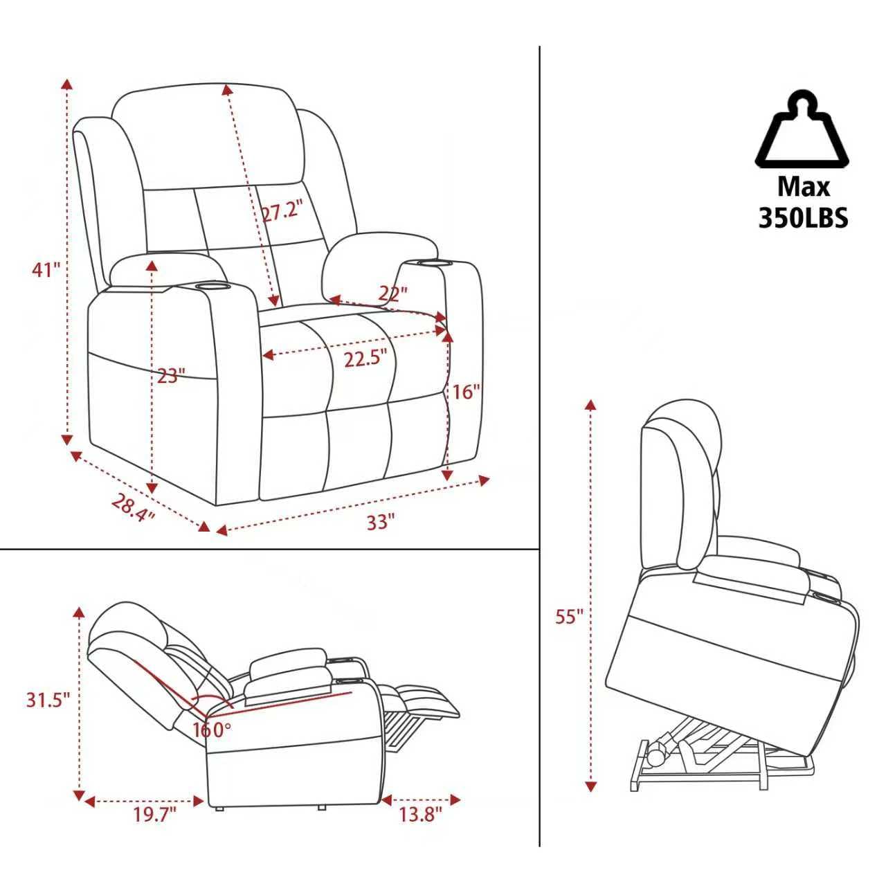 Ketaiyou Infinite Position Power Lift Recliner with Heat, Massage & USB-C