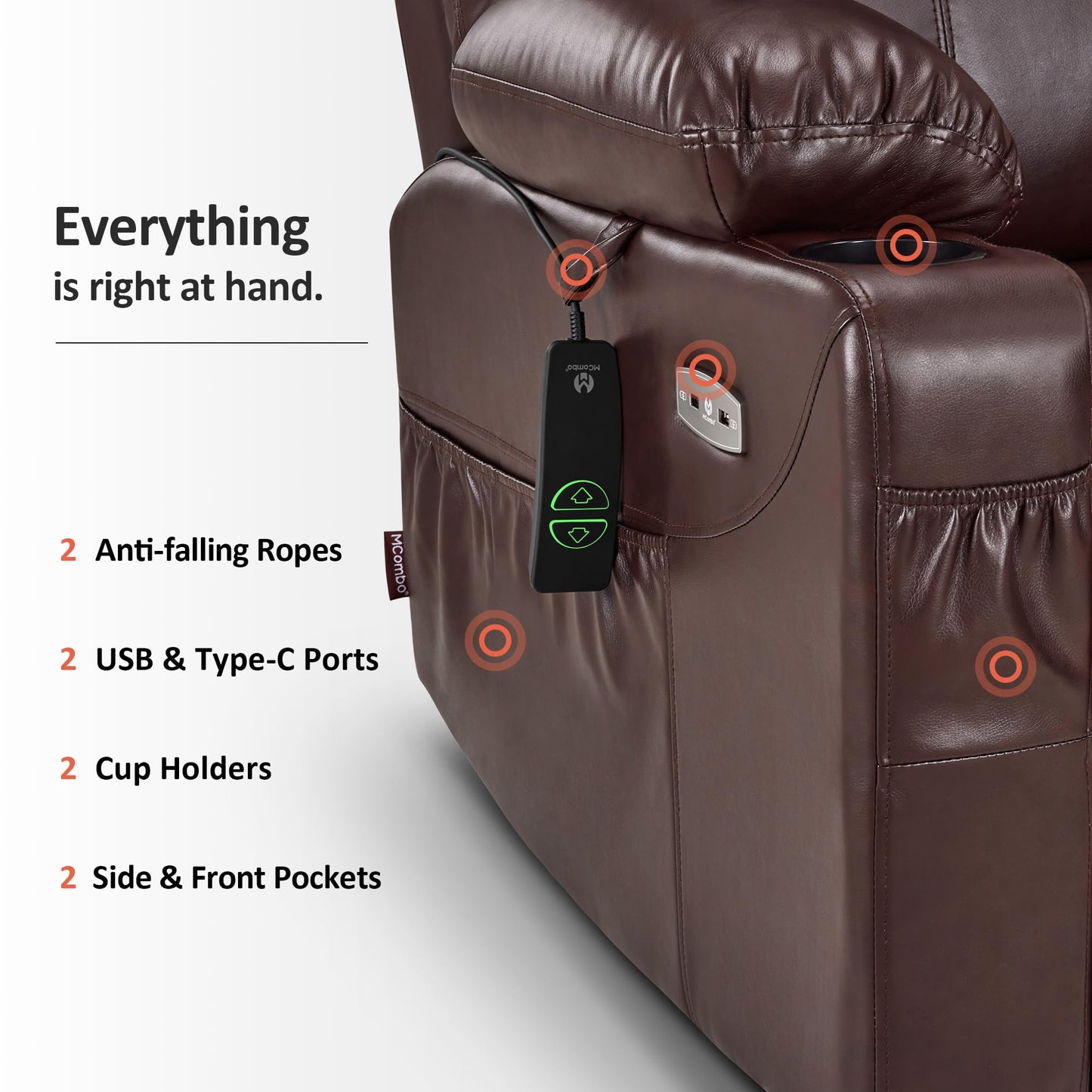 MCombo Electric Power Lift Recliner Chair with Massage, Heat & USB Ports – Dark Brown