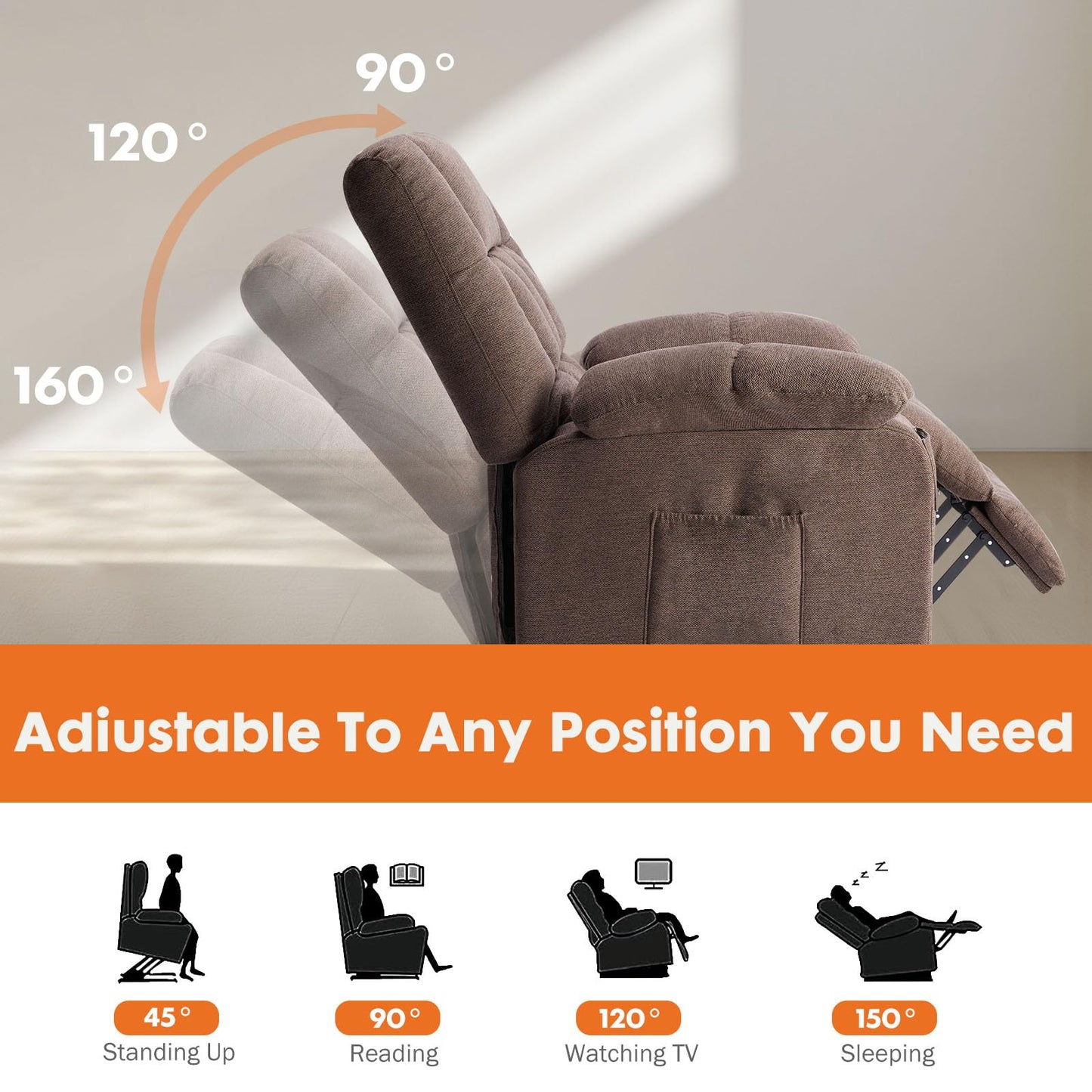 Sweetcrispy Power Lift Recliner Chair with Massage, Heating & Vibration - 8 Motors, TUV Certified, Brown