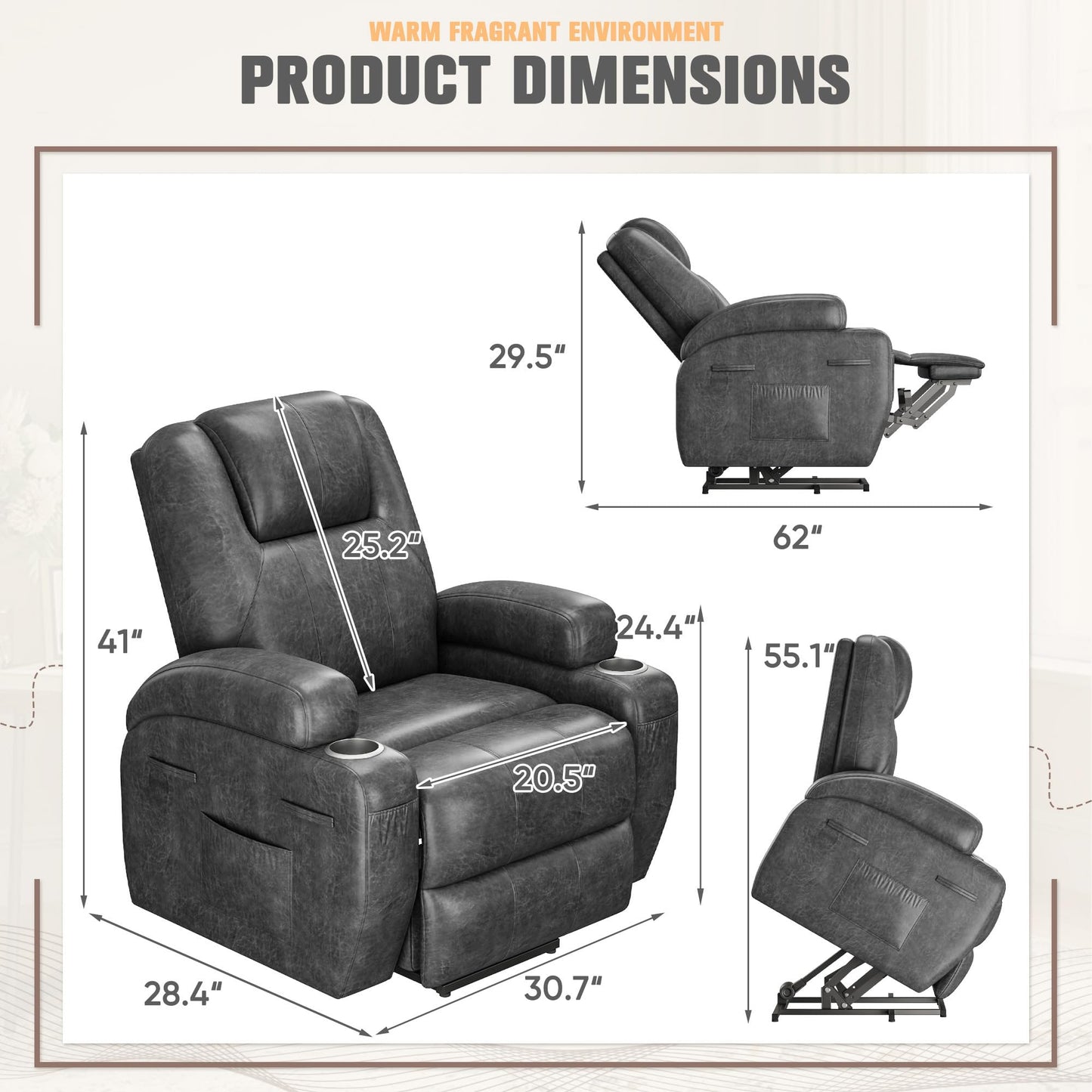 Power Lift Recliner Chair with 8-Point Vibration Massage, Cup Holders & Storage Pockets