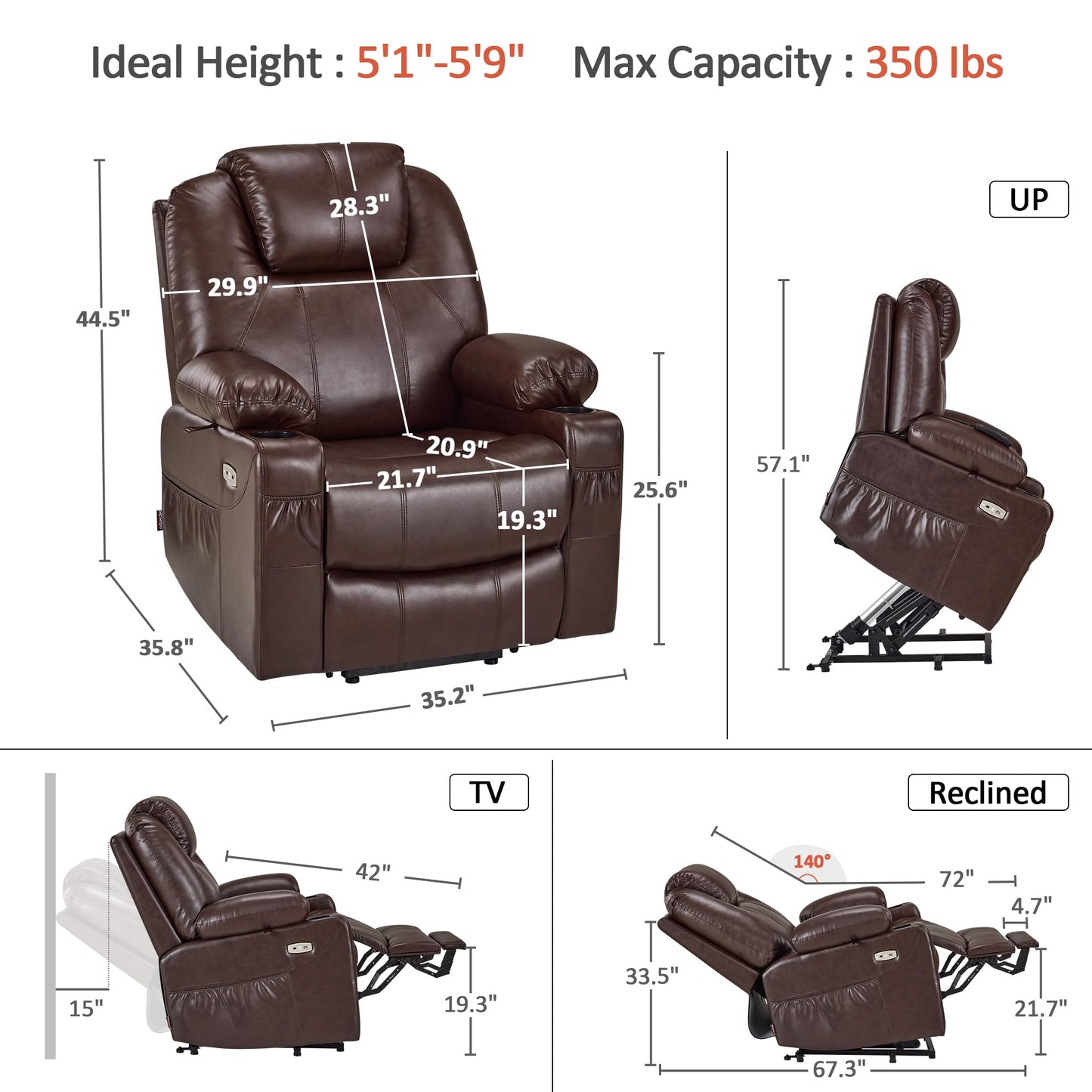 MCombo Electric Power Lift Recliner Chair with Massage, Heat & USB Ports – Dark Brown