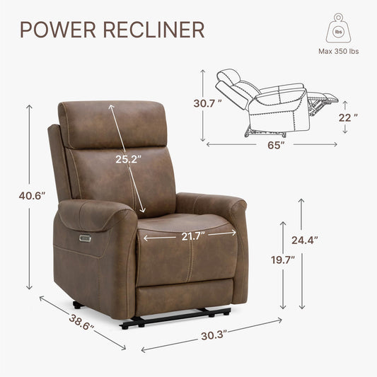 KISLOT Wall Hugger Leather Power Recliner with USB Charging Ports