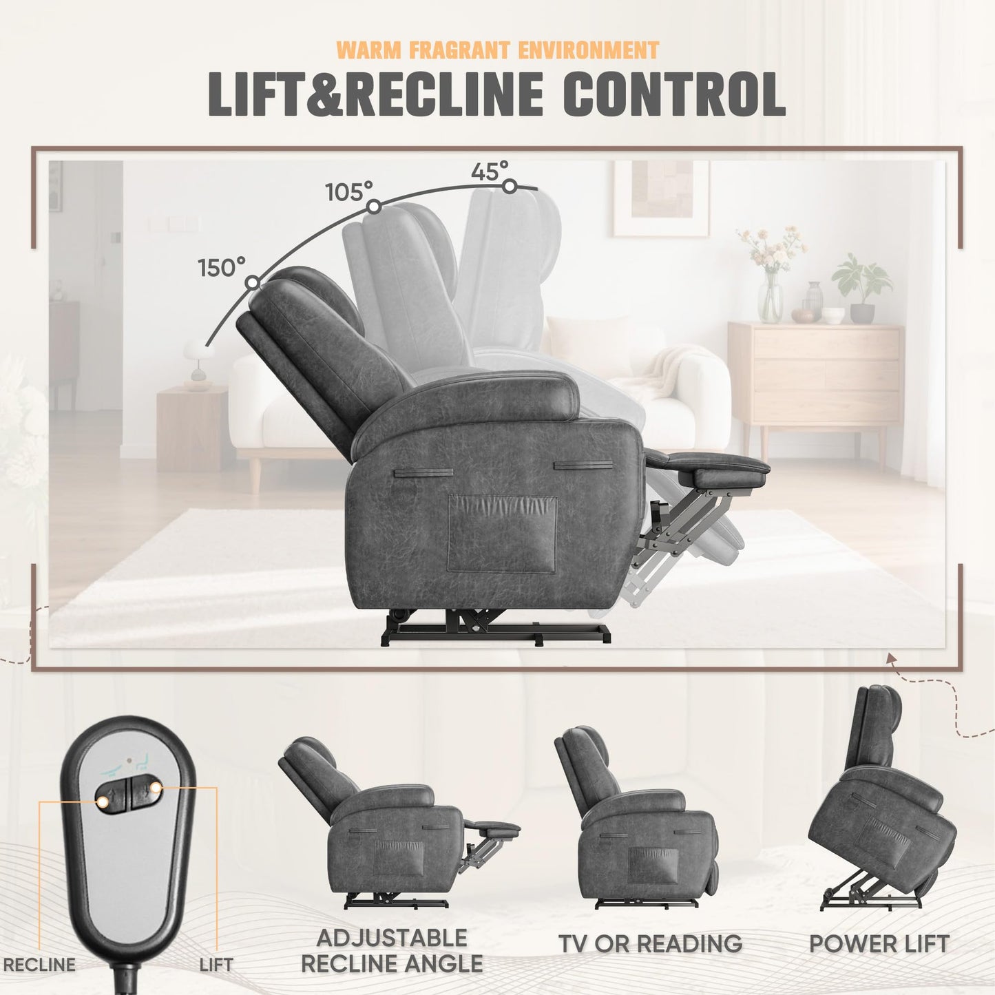 Power Lift Recliner Chair with 8-Point Vibration Massage, Cup Holders & Storage Pockets