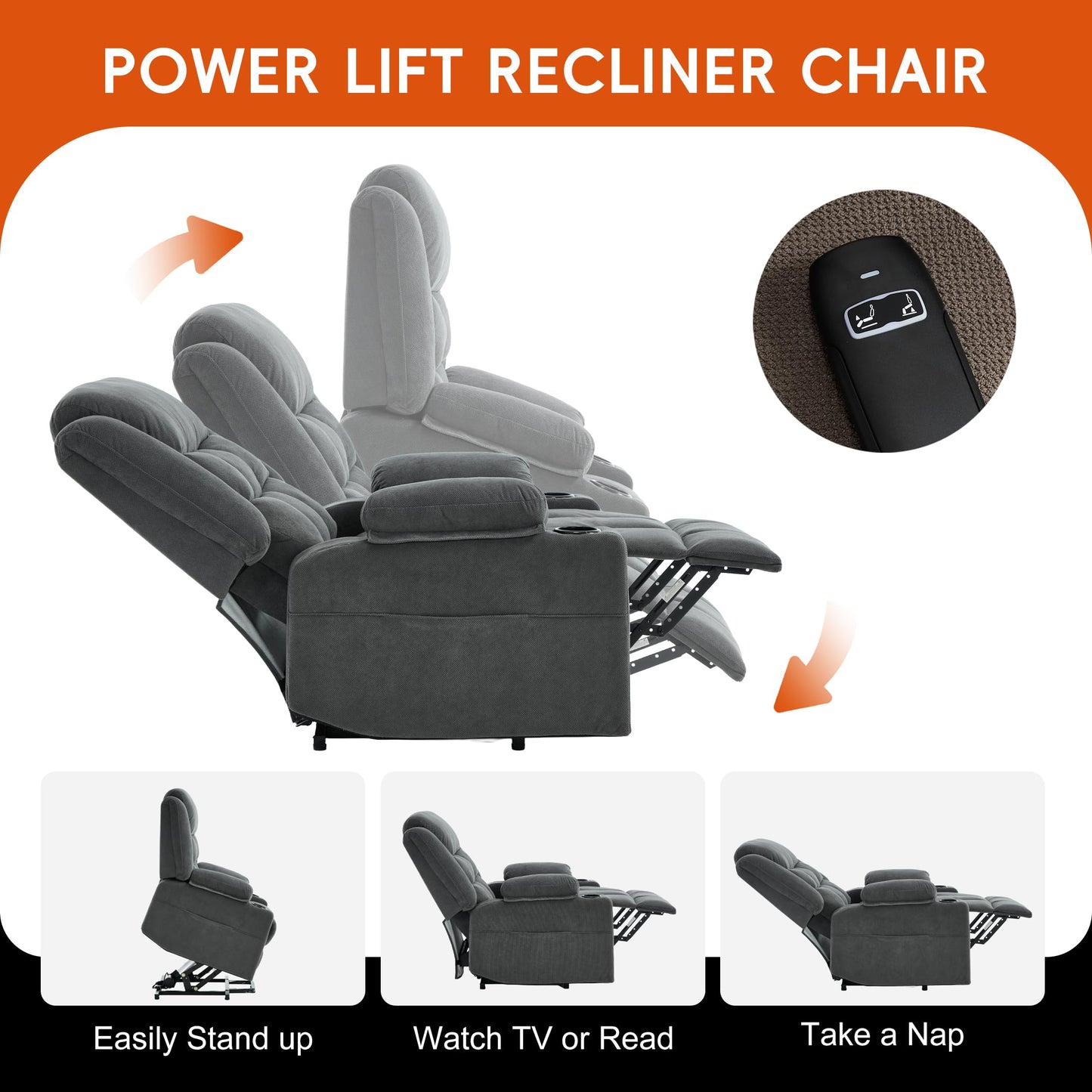 Ketaiyou Infinite Position Power Lift Recliner with Heat, Massage & USB-C