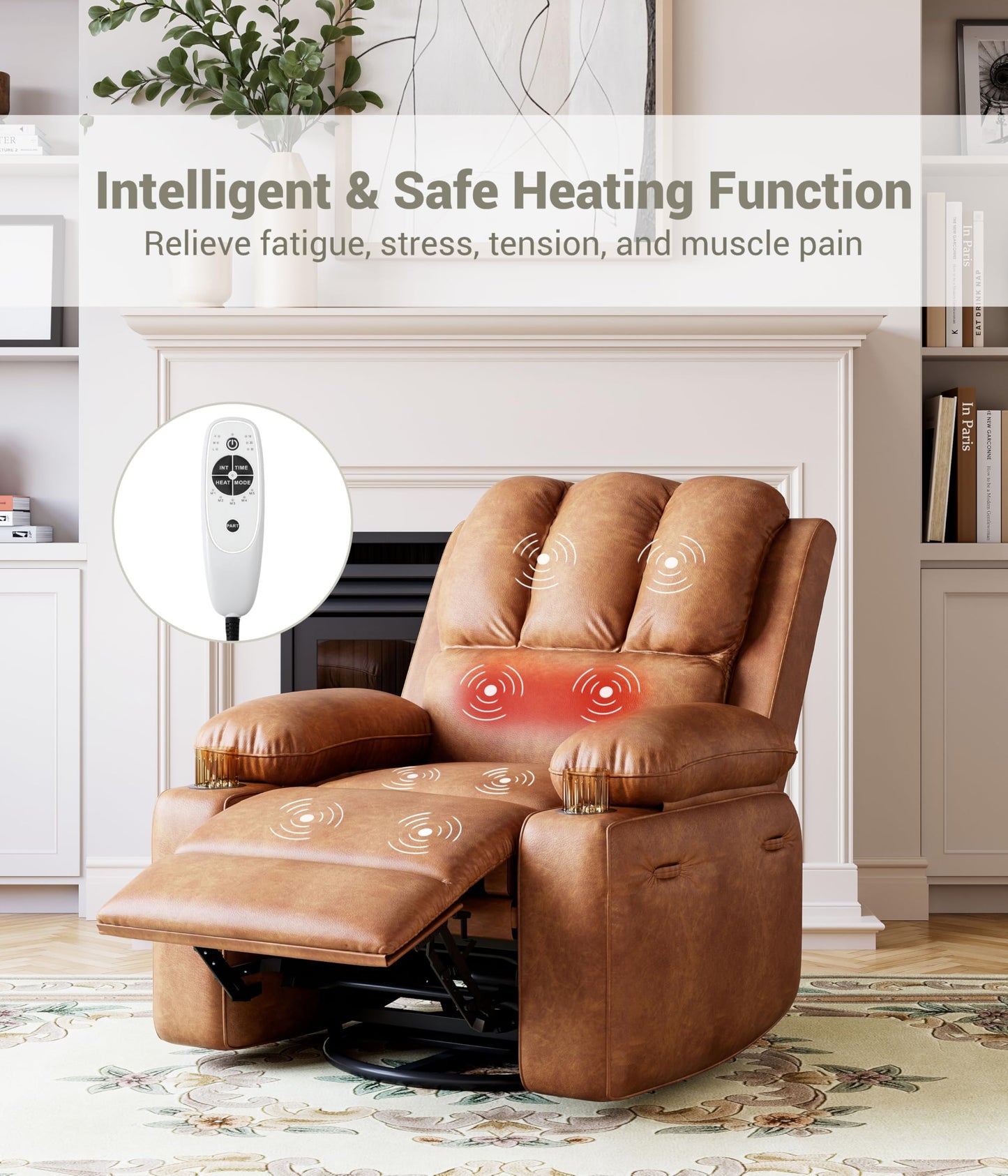 Patikuin 360° Swivel Rocking Recliner with Massage, Heat, USB Ports & Cup Holders – Vintage PU Leather