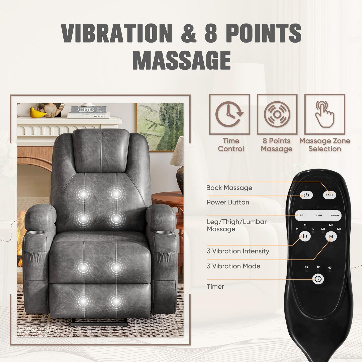 Power Lift Recliner Chair with 8-Point Vibration Massage, Cup Holders & Storage Pockets