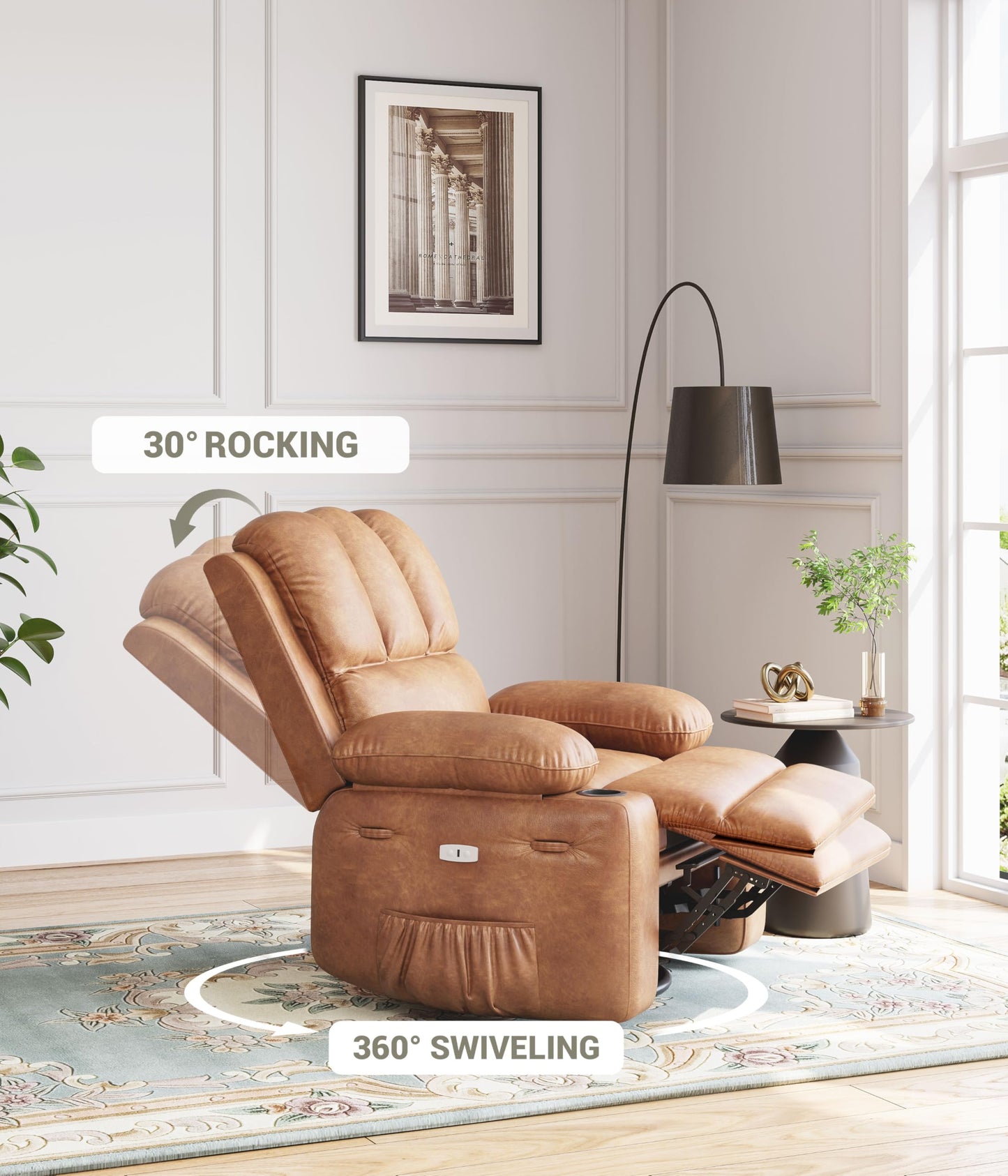 Patikuin 360° Swivel Rocking Recliner with Massage, Heat, USB Ports & Cup Holders – Vintage PU Leather