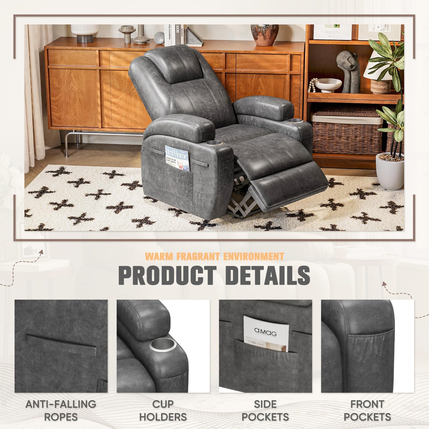 Power Lift Recliner Chair with 8-Point Vibration Massage, Cup Holders & Storage Pockets