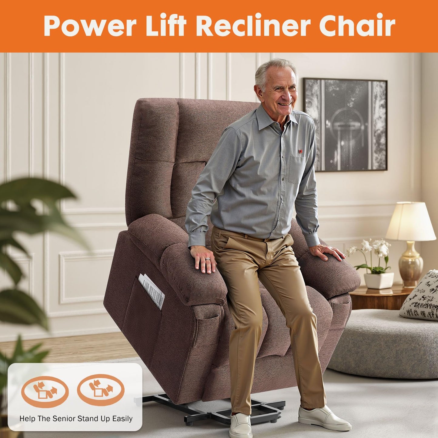 Sweetcrispy Power Lift Recliner Chair with Massage, Heating & Vibration - 8 Motors, TUV Certified, Brown