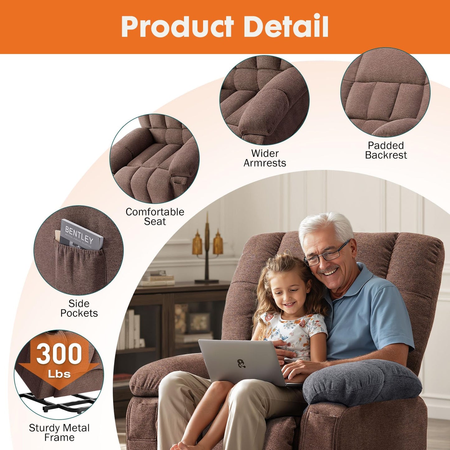 Sweetcrispy Power Lift Recliner Chair with Massage, Heating & Vibration - 8 Motors, TUV Certified, Brown