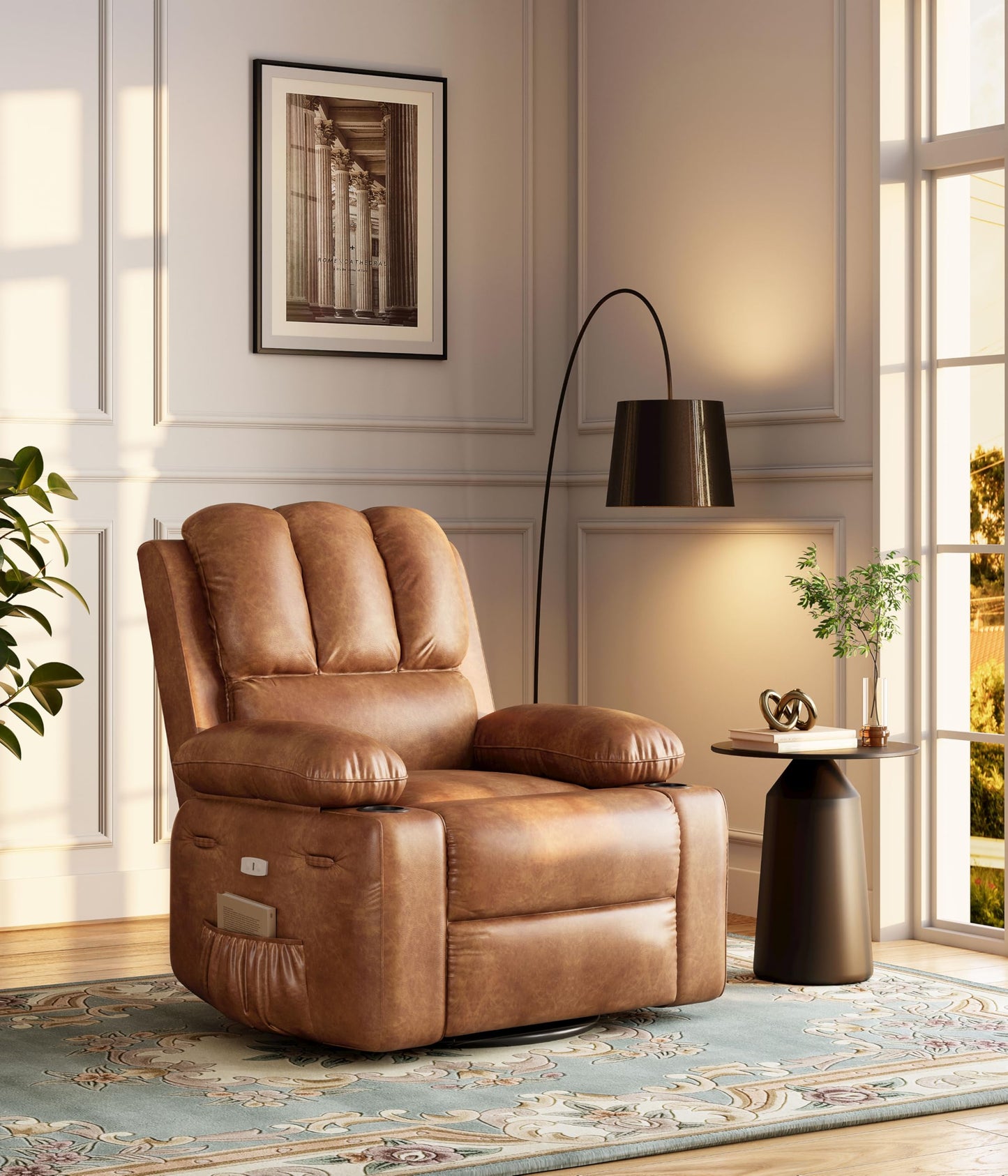 Patikuin 360° Swivel Rocking Recliner with Massage, Heat, USB Ports & Cup Holders – Vintage PU Leather