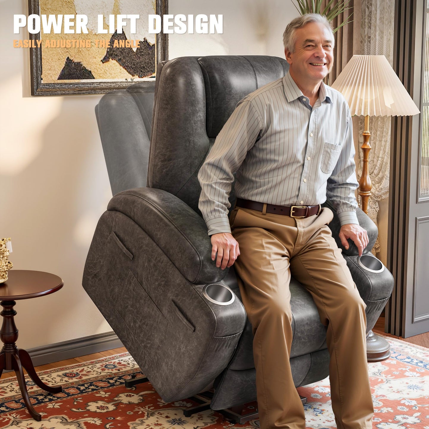 Power Lift Recliner Chair with 8-Point Vibration Massage, Cup Holders & Storage Pockets