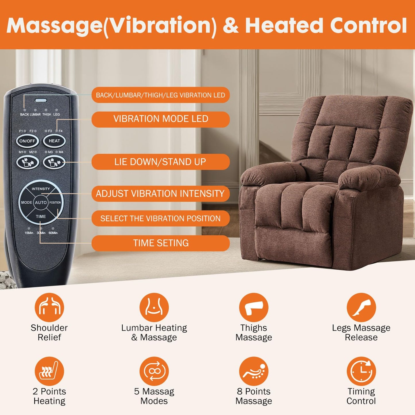Sweetcrispy Power Lift Recliner Chair with Massage, Heating & Vibration - 8 Motors, TUV Certified, Brown