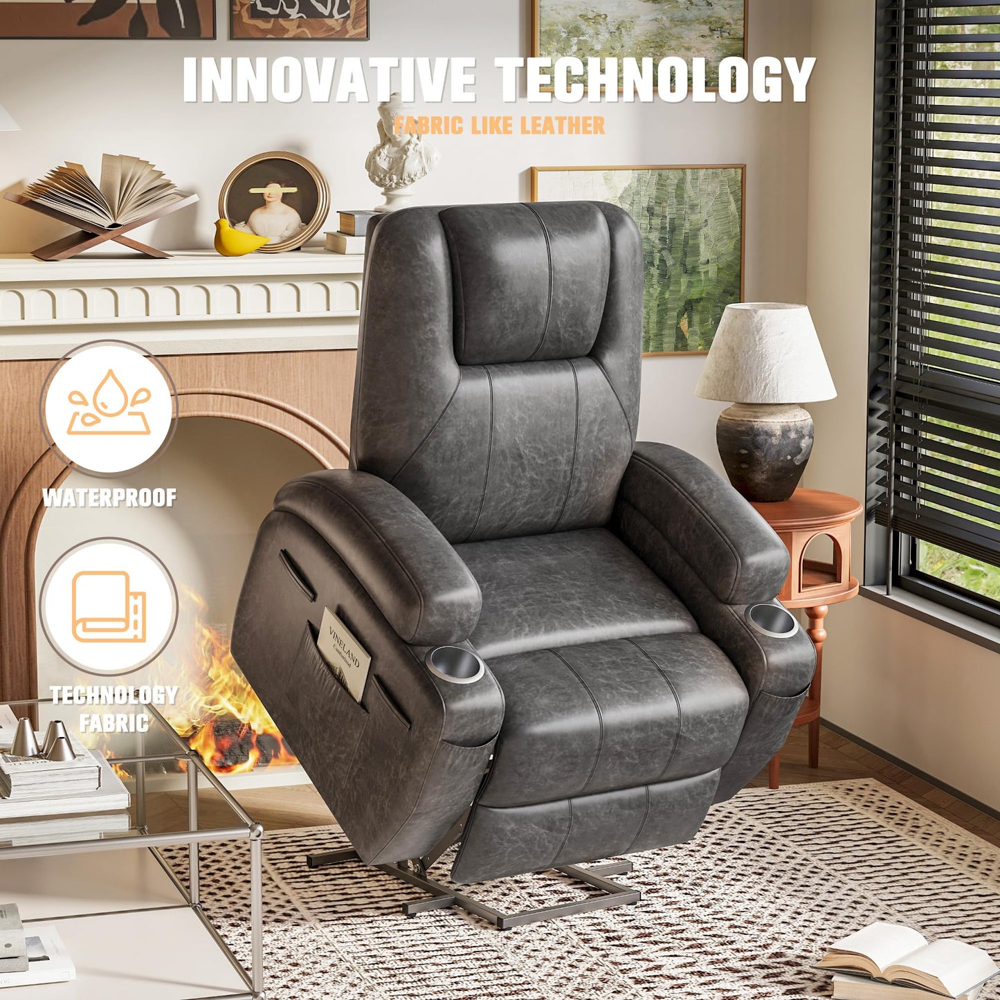 Power Lift Recliner Chair with 8-Point Vibration Massage, Cup Holders & Storage Pockets